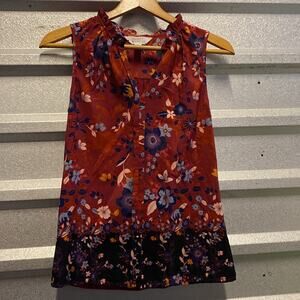 Market & Spruce women’s deep wine floral ruffle‎ neck sleeveless blouse top